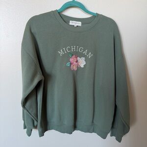 STATE OF MINE Olive Green Michigan Floral Embroidered Crewneck Sweatshirt